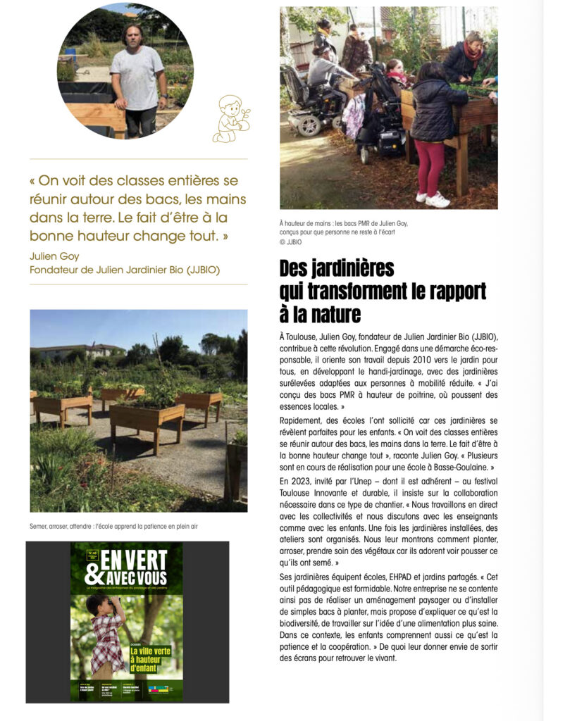 Article sur nos jardinières PMR Julien Jardinier Bio à Toulouse dans la revue professionnelle de l'UNEP En Vert et Avec Nous Printemps 2026